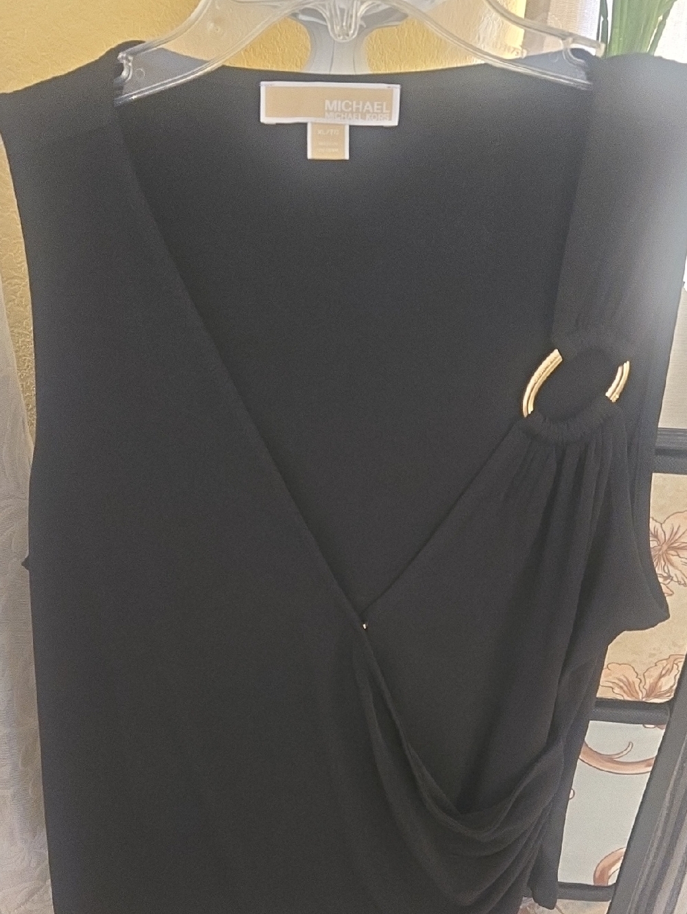 MICHAEL Michael Kors Black One-Shoulder Tank Top Dressy with Gold Ring.